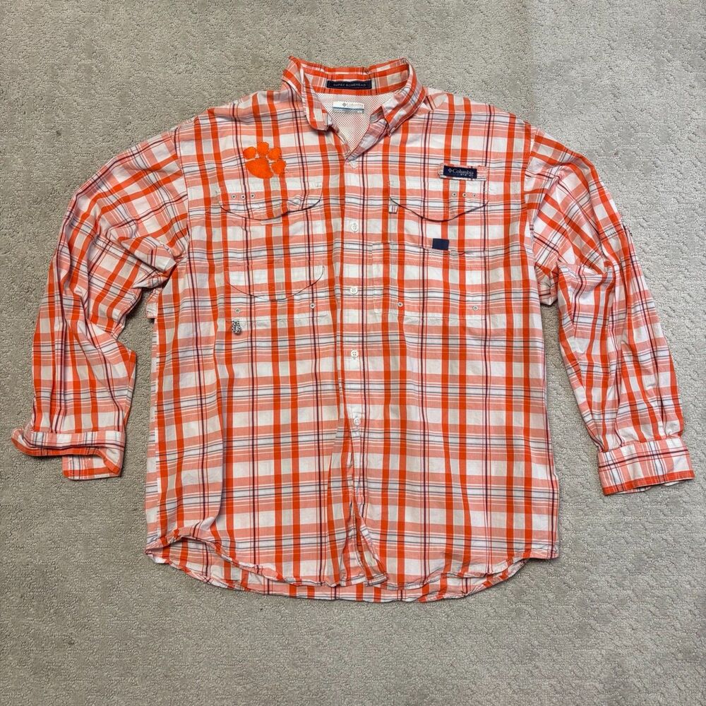 Columbia PFG Super Bonehead Clemson Tigers Mens Medium Plaid Fishing Shirt